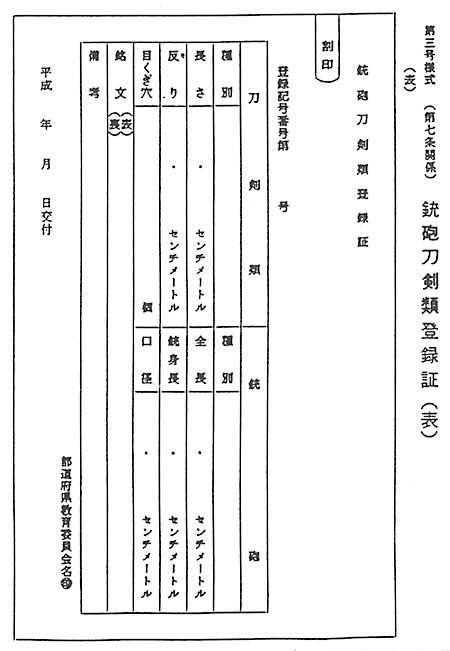 銃砲刀剣類登録証・見本